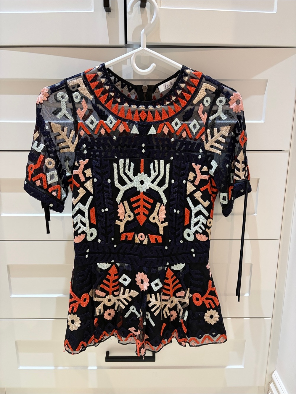 Parker Navy Multicolor Embroidered Peplum Blouse